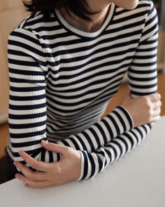 Striped Long Sleeve Top With Ribbed Neckline, Fitted Striped Ribbed T-shirt, Casual Long Sleeve T-shirt With Striped Sleeves, Wall E Costume, Trendy Striped Long Sleeve T-shirt, Stretch Striped Long Sleeve T-shirt, Curated Closet, Style At A Certain Age, Contemporary Clothing