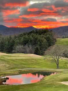 a golf course with water and trees in the foreground, at sunset or dawn