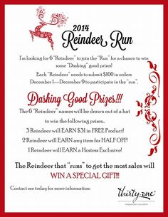 a red and white flyer for reindeer run with the words, dashing good prices