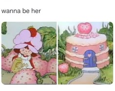 two pictures with the same cartoon characters on them, one has a pink cake and the other has a blue door