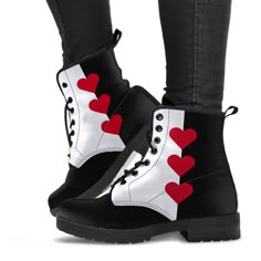 "Men's/Women's Vegan Boots Black and white with red hearts ♥ See our other boots here: https://www.etsy.com/shop/BlueStarTrader?search_query=boots When did you last feel that your shoes help express your personality? Or when is the last time you were complimented on your shoes? If this isn't often, then read on... Most local shoe stores don't carry footwear with designs as unique as this. In fact, you can't buy these anywhere else. This design unique with black and white checkered design on both Red Black Accessories, Cute Heart Boots, Heart Themed Clothes, Queen Of Hearts Shoes, Goth Clothes Ideas, Queen Of Hearts Costume For Women, Queen Of Hearts Clothes, Heartbeat Shoes, Queen Of Hearts Outfit Ideas