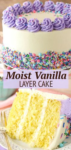 the most vanilla layer cake with purple frosting and sprinkles