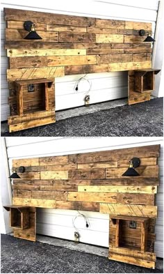 two pictures of the same wall made out of wooden pallets and metal fittings