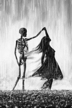 a skeleton dancing in the rain with a woman