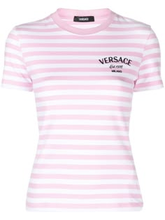 white/pink stretch-cotton jersey texture horizontal stripe pattern embroidered logo at the chest graphic print to the rear crew neck short sleeves straight hem This item is made from at least 50% organic materials. Learn more about what makes a product Conscious on our Conscious Criteria page. Versace Clothes Women, Versace Clothes, Versace Store, Versace Skirt, Pink Graphic Tee, Givenchy Shirt, Versace Logo, Versace Outfit, Organic Materials