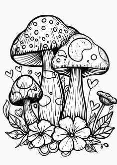 a black and white drawing of two mushrooms with hearts on the top, surrounded by flowers