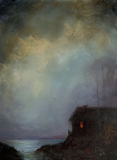 an oil painting of a house by the ocean with dark clouds in the sky above it