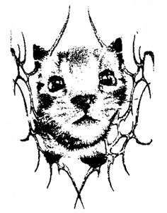 a black and white drawing of a cat's face with branches on it,