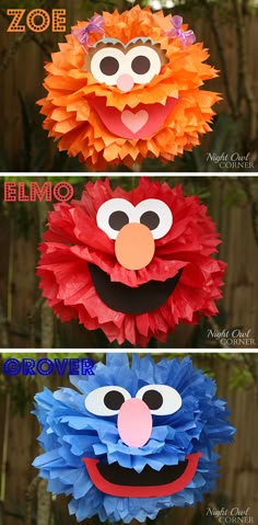 three different paper pom poms with the words zoo and elmo written on them