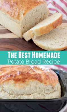 homemade potato bread in a loaf pan on a wooden cutting board with text overlay