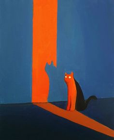 a painting of a cat sitting in front of an orange wall with a blue sky behind it