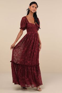 You'll radiate an exceptional essence all night long with the Lulus Phenomenal Sweetness Burgundy Floral Burnout Bustier Maxi Dress! Airy woven chiffon jacquard, with a burnout floral design throughout, shapes this romantic dress that features a bustier-inspired bodice with seamed cups, a sweetheart neckline, and short puff sleeves (with elastic at the shoulders and cuffs). The high, fitted waist tops a flowy, A-line skirt that cascades down to a tiered maxi hem. Hidden back zipper/clasp. Fit: T Adhesive Bra, Burgundy Floral, Romantic Dress, Sweetheart Neckline, Ankle Length, A Line Skirts, Puff Sleeve, Bodice, Chiffon