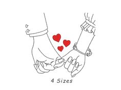 two hands holding each other with red hearts on their fingers and the words 4 sizes above them