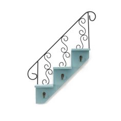 wrought iron stair railing with blue glass panels and hooks on the bottom handrail, isolated against a white background