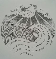 an ink drawing of waves and clouds in the sky