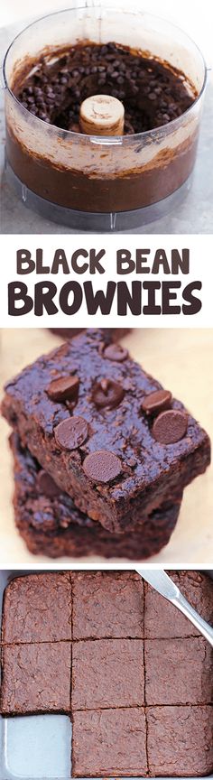 chocolate brownies in pans with text overlay that reads black bean brownies