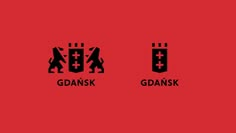 two black and red logos with the words gdansk and gansk on them