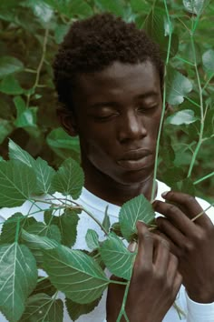 a young man is holding leaves in his hands