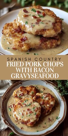 Country Fried Pork Chops smothered in creamy bacon gravy are the ultimate hearty meal. Perfect for weeknight dinners or Sunday gatherings. 🍴 Your family will love this easy recipe! #SouthernComfort #PorkChops #EasyDinner #ComfortFood #BaconGravy Smothered Dinner Recipes, Country Pork Chop Recipes, Sunday Dinner Pork Chops, Country Fried Pork Chop With Bacon Gravy, Bacon And Pork Chop Recipes, Pork Chop Recipes Breaded Crumbs, Pork Chops Casserole Recipes