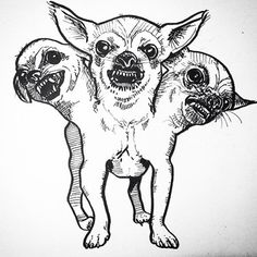 an ink drawing of three dogs with their mouths open and eyes wide open, standing next to each other