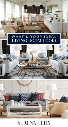 three different rooms with couches, chairs and tables in them are featured on the same page