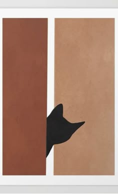 a black cat peeking out from between two brown and tan walls with one paw on the wall