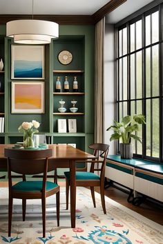 a dining room with green walls and blue chairs