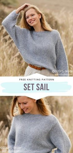 a woman wearing a gray sweater and tan pants with the text free knitting pattern set sail