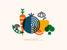 the logo for simple eats, which features vegetables and fruits in different colors on a white background