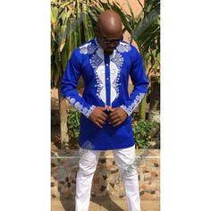 Men's Blue Polished Top with White Embroidery Design And White Pant African Designers Clothing, Africa Fashion Style, African American Fashion, White Pant, African Fashion Designers, African Clothes