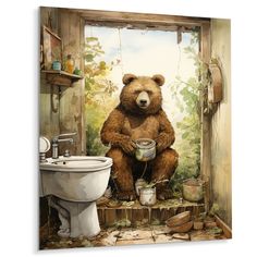 a painting of a brown bear sitting on a window sill next to a toilet