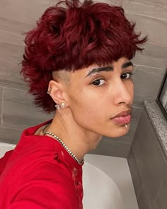 Red Hair Men Dyed, Red Curly Hair Men, Burgundy Hair Men, Hair Color Ideas For Men, Red Hair Boy, Boys Colored Hair, Red Mullet, Hair Pfp