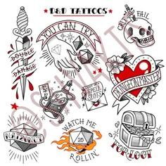 various tattoo designs on white paper with red ink