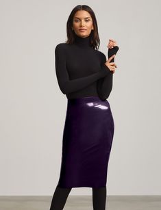 This faux patent leather midi skirt is chic and flattering. Made with commando's signature smoothing waistband and a high-shine, stretch faux patent fabric for a smoothing, sleek look.  Product Details  Fit-tested by real women 62% polyurethane, 36% viscose, 2% elastane; short (78% nylon 22% elastane); lining (100% cotton) Smoothing internal waistband Hits just below the knee USA Constructed  Item SK03 Trendy Fitted Shiny Skirt, Sleek Midi Pencil Skirt For Party, Sleek Midi Skirt, Sleek Mini Skirt For Fall, Sleek Pencil Skirt For Fall Party, Sleek Skirt For Fall, Sleek Fall Pencil Skirt, Fall Sleek Fitted Skirt, Sleek Fitted Skirt For Fall