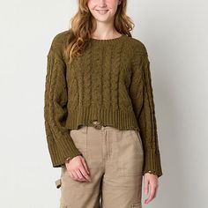 The distressed details throughout this junior's and women's pullover sweater from Arizona Jeans Co. makes it the perfect style to stay on trend in the cooler months. Crafted from a soft cable-knit, it's cut in a boxy silhouette with a crew neckline, drop shoulders, and wide long sleeves. Pair it with high-rise cargo pants.Closure Type: Pullover HeadFit: Boxy FitNeckline: Crew NeckSleeve Length: Long SleeveSleeve Style: Drop-Shoulder SleeveApparel Length: 22 InchesFiber Content: 100% PolyesterFab Womens Sweaters, Large Sweaters, Small Sweater, Long Sleeve Pullover Sweater, Arizona Jeans, Pullover Sweater Women, Perfect Style, Green Sweater, Long Sleeve Pullover