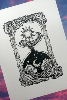 a drawing of an hourglass with the sun and moon in it