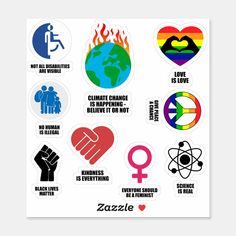 various stickers with different symbols and colors on them, including the word love is everywhere