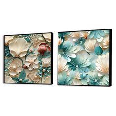 two canvases with flowers and leaves on them, one in blue and the other in white