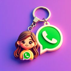 a girl holding a whatsapp keychain on a purple background