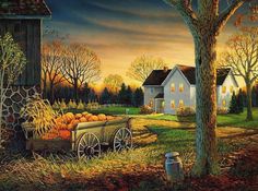 a painting of a farm scene with pumpkins in a wagon and an old white house