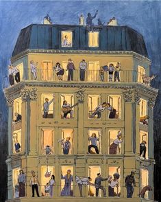 a painting of people standing on the balcony of a building at night with lights on