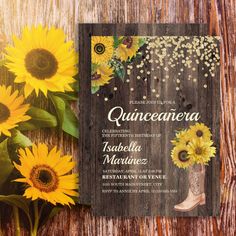 a wedding card with sunflowers and cowboy boots on the wooden table next to it