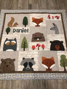 a quilted wall hanging with different animals on it's sides and the words daniel written in large letters