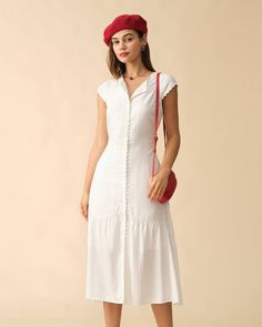 The Solid Color Lapel Midi Dress - Lapel Collar Dress For Office Work, Workwear - White - Dresses | RIHOAS Casual Stylish, Midi Maxi Dress, White Midi Dress, Floral Midi Dress, Womens Midi Dresses, Collar Dress, Stylish Dresses, Cotton Dresses, Elegant Dresses