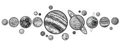 the solar system with all its planets in black and white ink on a white background