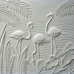 two flamingos are standing in the water next to palm trees and plants on a white background