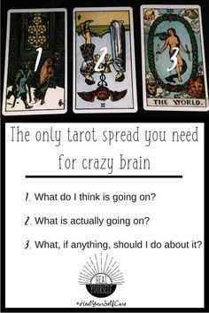 four tarot cards with the words'the only tarot spread you need for crazy brain '