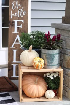 some pumpkins and other plants are sitting on a wooden crate outside the front door