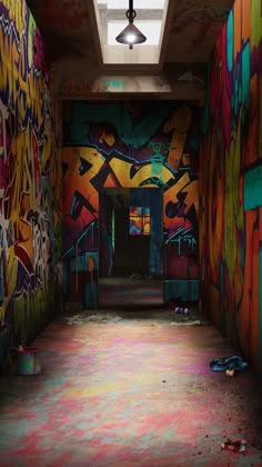 an empty room with graffiti all over the walls and ceiling, painted in bright colors