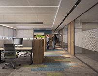 an office cubicle with two people walking in the doorway and one person standing at the door